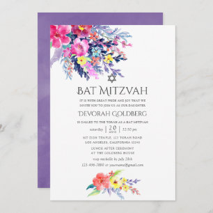 Invitation Aquarelle colorée Bat mitzvah floral