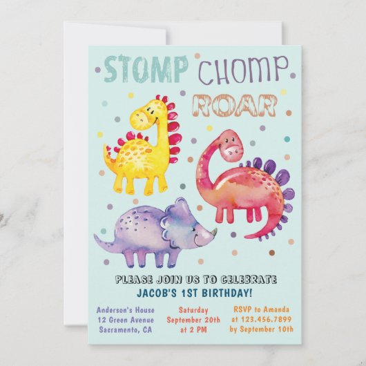 Invitation Aquarelle colorée Dinosaure Premier anniversaire f (Devant)