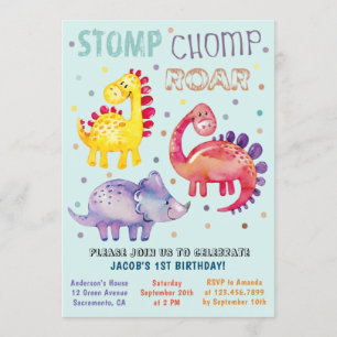 Invitation Aquarelle colorée Dinosaure Premier anniversaire f