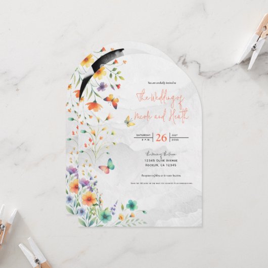 Invitation Aquarelle colorée Floral Butterfly Mariage (Devant/Arrière en situation)