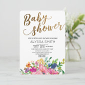 Invitation Aquarelle colorée Floral Gold Baby shower blanc (Debout devant)
