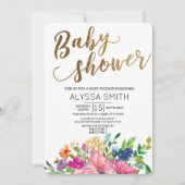 Invitation Aquarelle colorée Floral Gold Baby shower blanc (Devant)