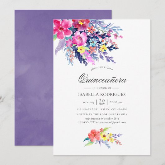 Invitation Aquarelle colorée Floral Quinceañera (Devant / Derrière)