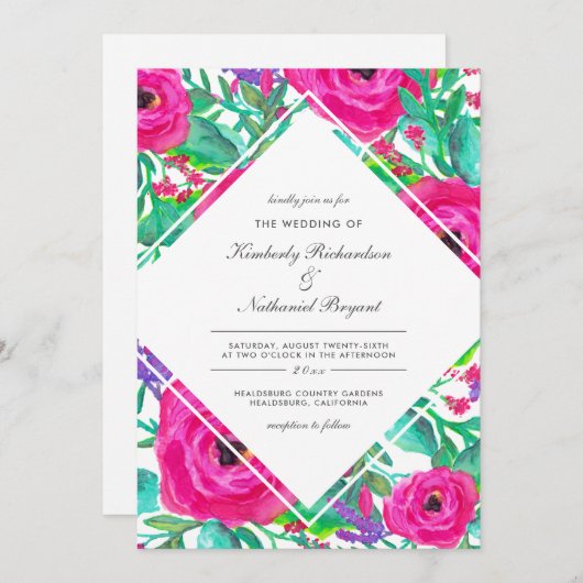 Invitation Aquarelle colorée Fuchsia Mariage (Devant / Derrière)