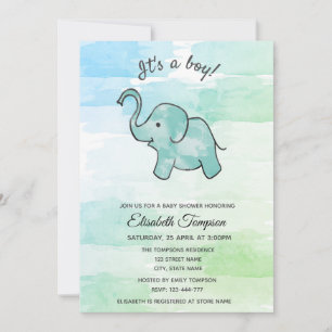 Invitation Aquarelle colorée mignon éléphant garçon baby show
