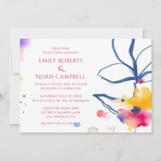 Invitation Aquarelle colorée moderne Mariage floral (Devant)
