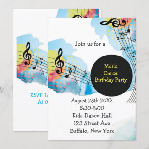 Invitation Aquarelle colorée Musique Danse Anniversaire