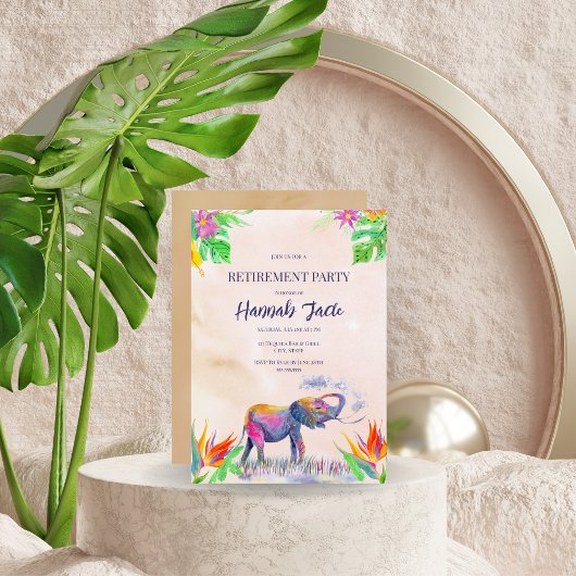 Invitation Aquarelle Colorful Elephant Retraite Party