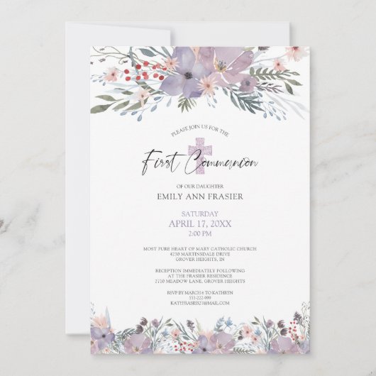 Invitation Aquarelle Communion Fleurs sauvages floraux pourpr (Devant)