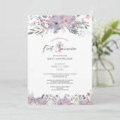 Invitation Aquarelle Communion Fleurs sauvages floraux pourpr (Debout devant)