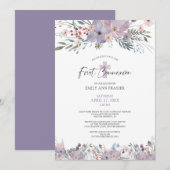 Invitation Aquarelle Communion Fleurs sauvages floraux pourpr (Devant / Derrière)
