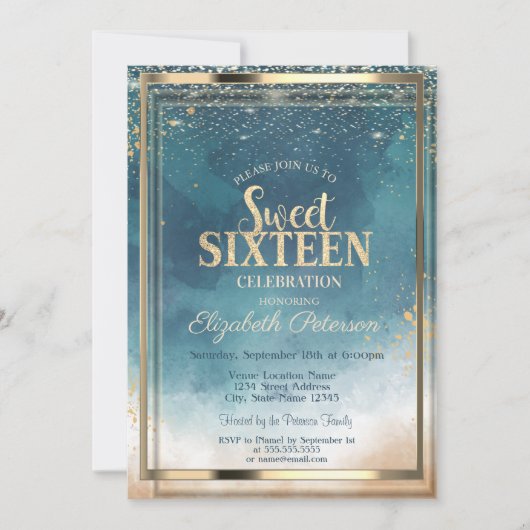 Invitation Aquarelle Confetti Gold Frame Splash Sweet 16 (Devant)