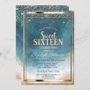 Invitation Aquarelle Confetti Gold Frame Splash Sweet 16