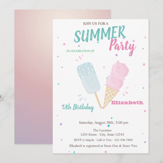 Invitation Aquarelle cool Glaces Fête d'été (Devant / Derrière)
