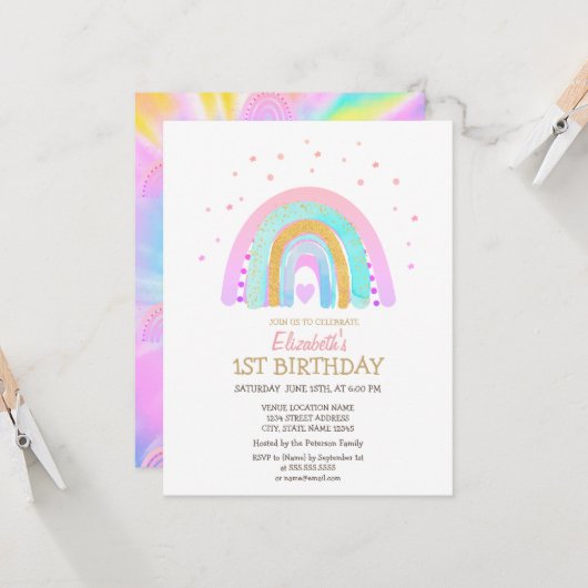 Invitation Aquarelle Cool Rainbow Tie Dye Anniversaire (Devant/Arrière en situation)