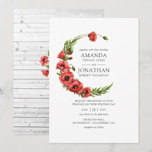 Invitation Aquarelle Coquelicot Rouge Mariage Champêtre Rusti