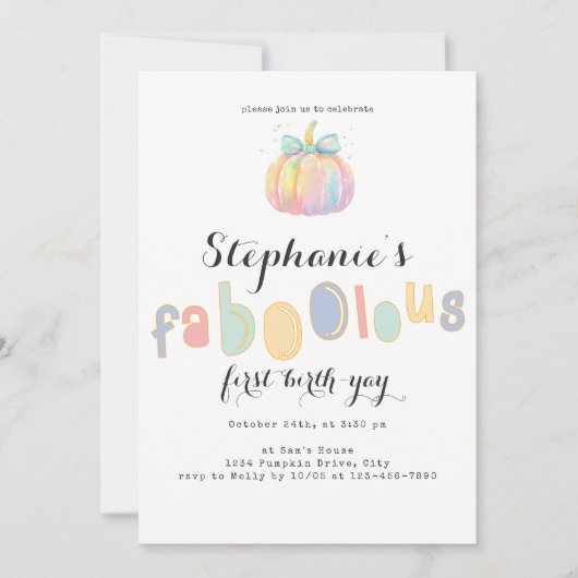 Invitation Aquarelle Coquette Bow Citrouille Premier 1er anni (Devant)