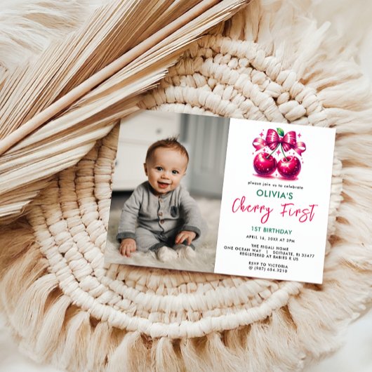 Invitation Aquarelle Coquette Cerise 1er Anniversaire