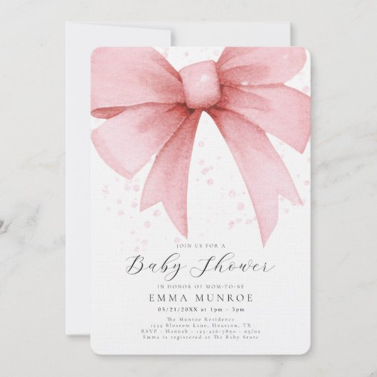 Invitation Aquarelle Coquette rose Baby shower de script Bow (Devant)