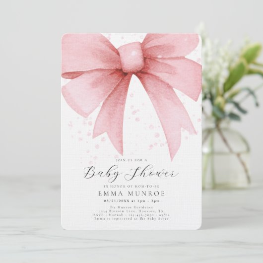 Invitation Aquarelle Coquette rose Baby shower de script Bow (Debout devant)