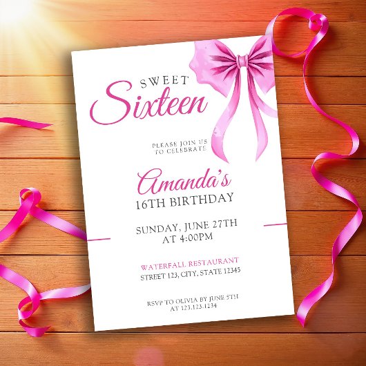 Invitation Aquarelle Coquette Rose Bow Sweet 16 Anniversaire