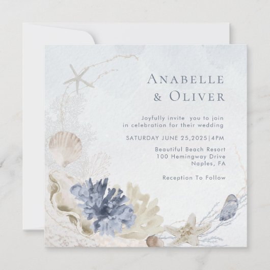 Invitation Aquarelle Coquillages Corail Sous Le Mariage De Me (Devant)