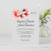 Invitation Aquarelle Corail Floral Pêche Gris Gris Mariage (Debout devant)