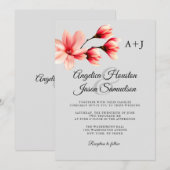 Invitation Aquarelle Corail Floral Pêche Gris Gris Mariage (Devant / Derrière)