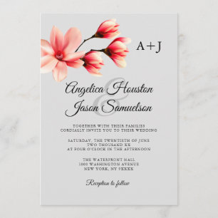 Invitation Aquarelle Corail Floral Pêche Gris Gris Mariage