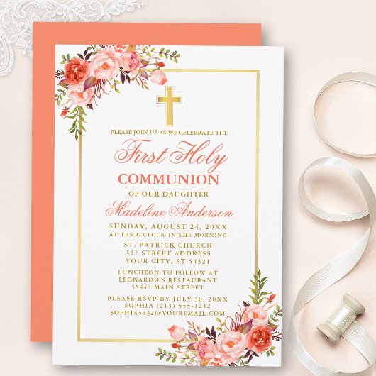 Invitation Aquarelle Corail Pêcher Floral Or Première Communi