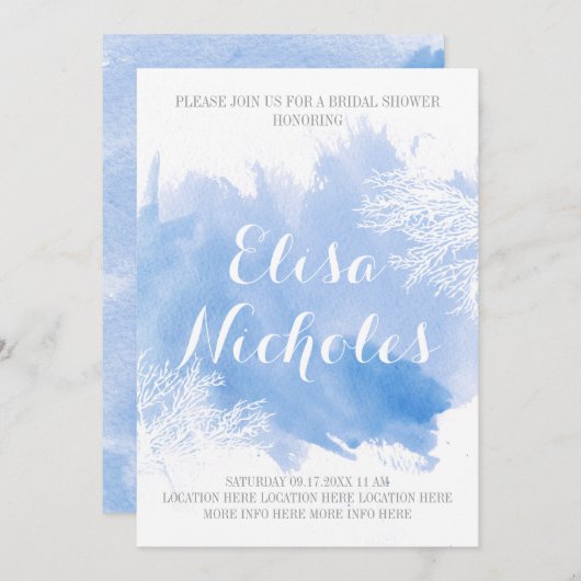 Invitation Aquarelle corail récif bleu mariage douche nuptial (Devant / Derrière)