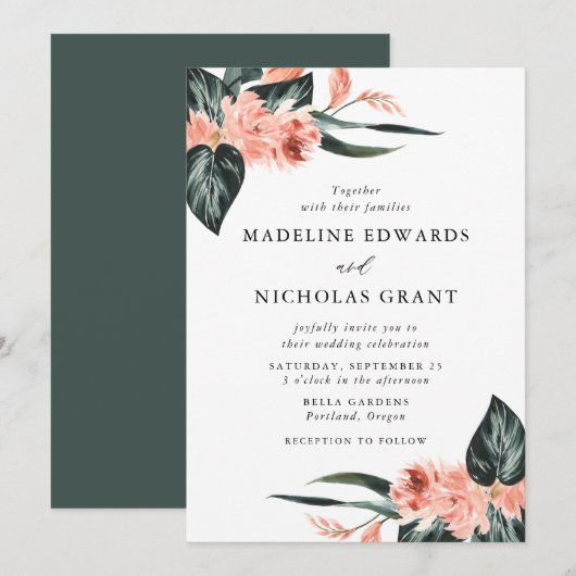 Invitation Aquarelle Corail tropical Bouquet Mariage (Devant / Derrière)