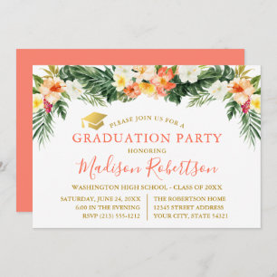 Invitation Aquarelle Corail Tropical Floral Gold Grad Party