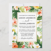Invitation Aquarelle Corail tropical Mariage or floral (Devant)