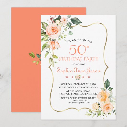 Invitation Aquarelle Coral Floral Gold Frame 50e anniversaire (Devant / Derrière)