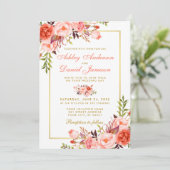 Invitation Aquarelle Coral Floral Gold Mariage (Debout devant)