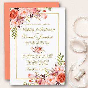 Invitation Aquarelle Coral Floral Mariage Gold Script
