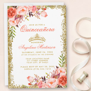 Invitation Aquarelle Coral Floral Or Parties scintillant Quin