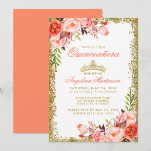 Invitation Aquarelle Coral Floral Quinceanera Gold Parties sc