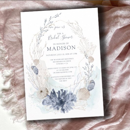 Invitation Aquarelle Coral Seashell Fête des mariées balnéair