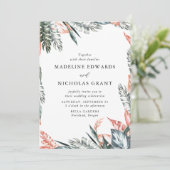 Invitation Aquarelle Coral & Vert Feuille Tropical Mariage (Debout devant)