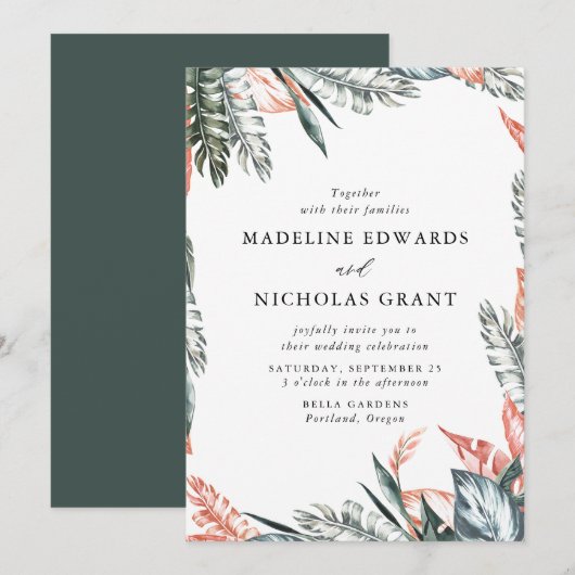 Invitation Aquarelle Coral & Vert Feuille Tropical Mariage (Devant / Derrière)