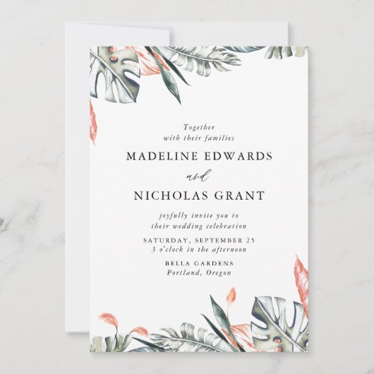 Invitation Aquarelle Coral & Vert Feuille Tropical Mariage (Devant)