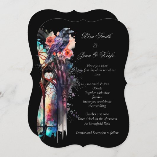 Invitation Aquarelle Corbeau Moody Mariage gothique Invitatio (Devant / Derrière)