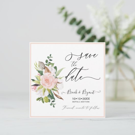 Invitation Aquarelle Coton Blush Roses Enregistrer la date (Debout devant)