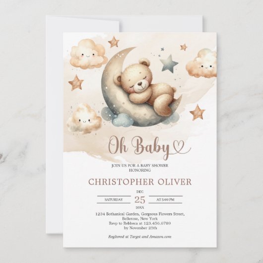 Invitation Aquarelle couleur neutre teddy ours sur la lune (Devant)