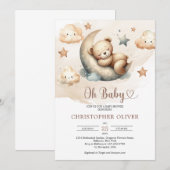Invitation Aquarelle couleur neutre teddy ours sur la lune (Devant / Derrière)