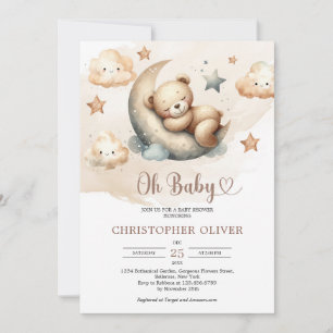 Invitation Aquarelle couleur neutre teddy ours sur la lune