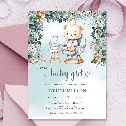 Invitation Aquarelle couleur pastel teddy ourson fille bébé
