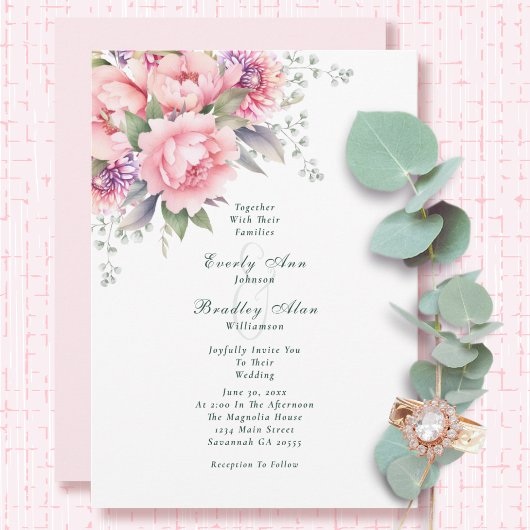 Invitation Aquarelle couleur rose vif Mariage de script Flora